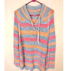 J. Jill open knit striped hooded sweater Size XL Coastal Retro Beachy Boho